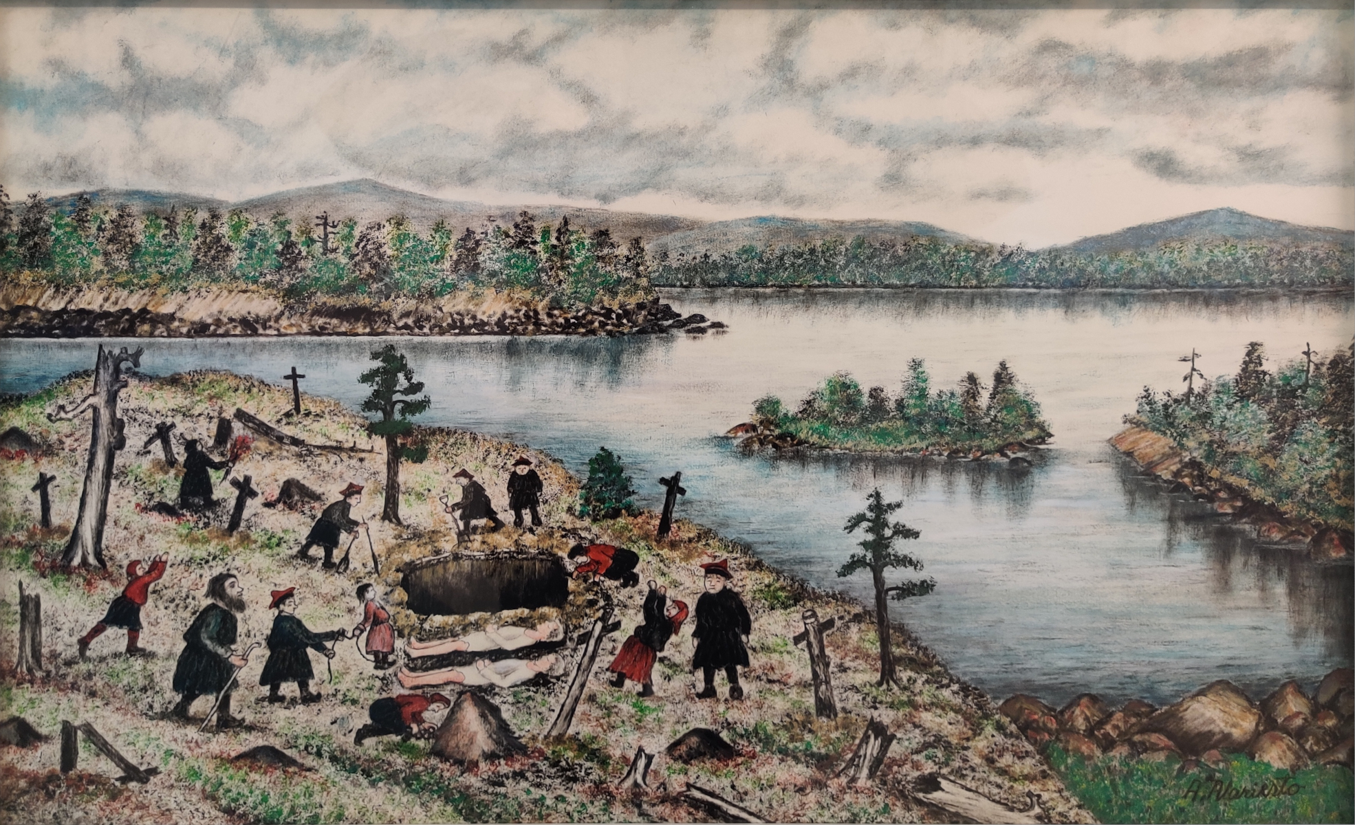 Andreas Alariesto, Dans les labyrinthes de l'amour, huile et techniques mixtes sur papier, 42 x 59 cm, Collection de la ville de Rovaniemi, Rovaniemi, Finlande
