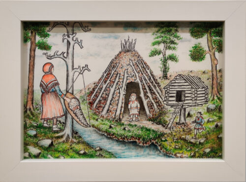 Andreas Alariesto, Berceuse d'une mère célibataire, seconde moitié du XXe siècle, huile et techniques mixtes sur papier, 21 x 30 cm, Collection de la ville de Rovaniemi, Rovaniemi, Finlande