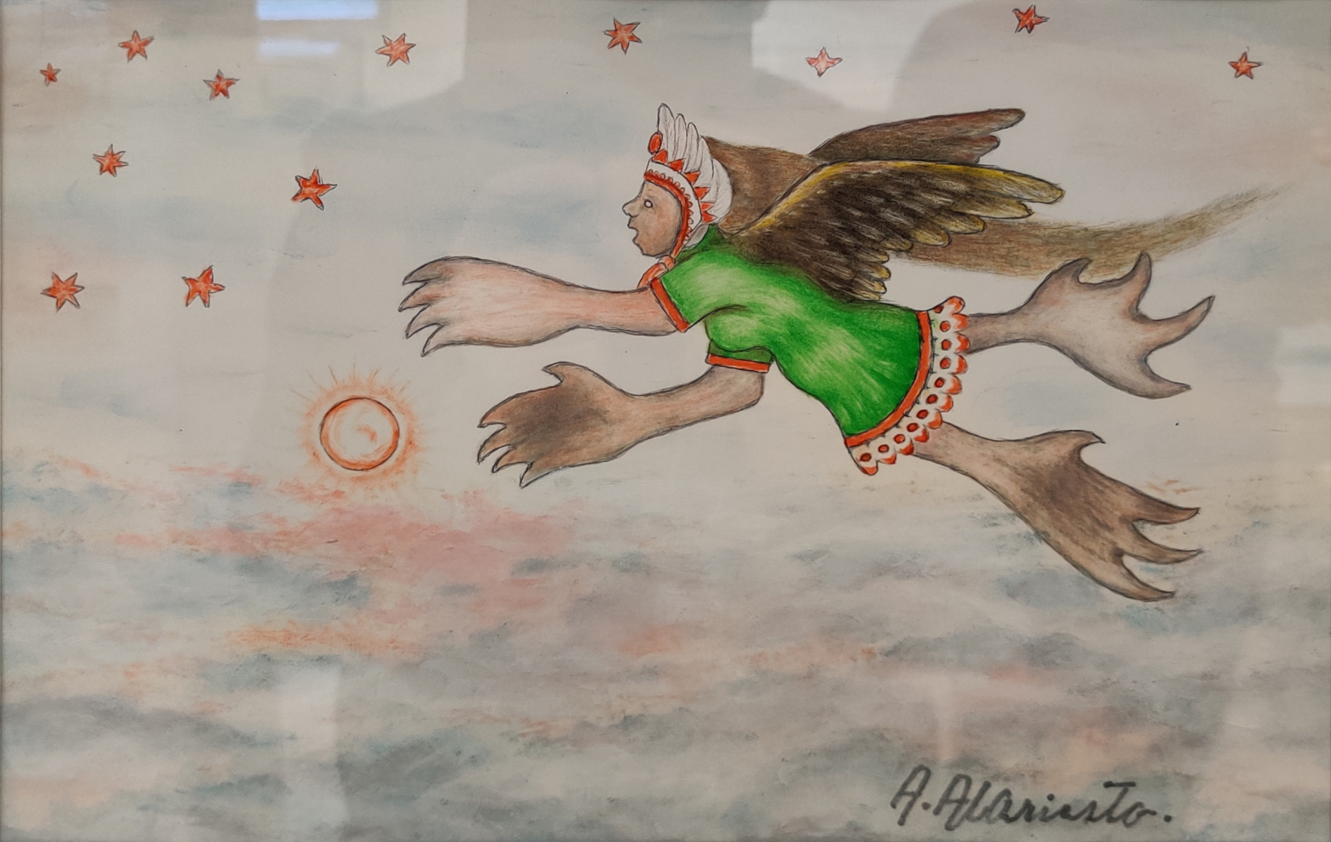 Andreas Alariesto, Le Diable dans l'espace, seconde moitié du XXe siècle, huile et techniques mixtes sur papier, 20 x 99 cm, collection du musée Alariesto, Sodankylä, Finlande