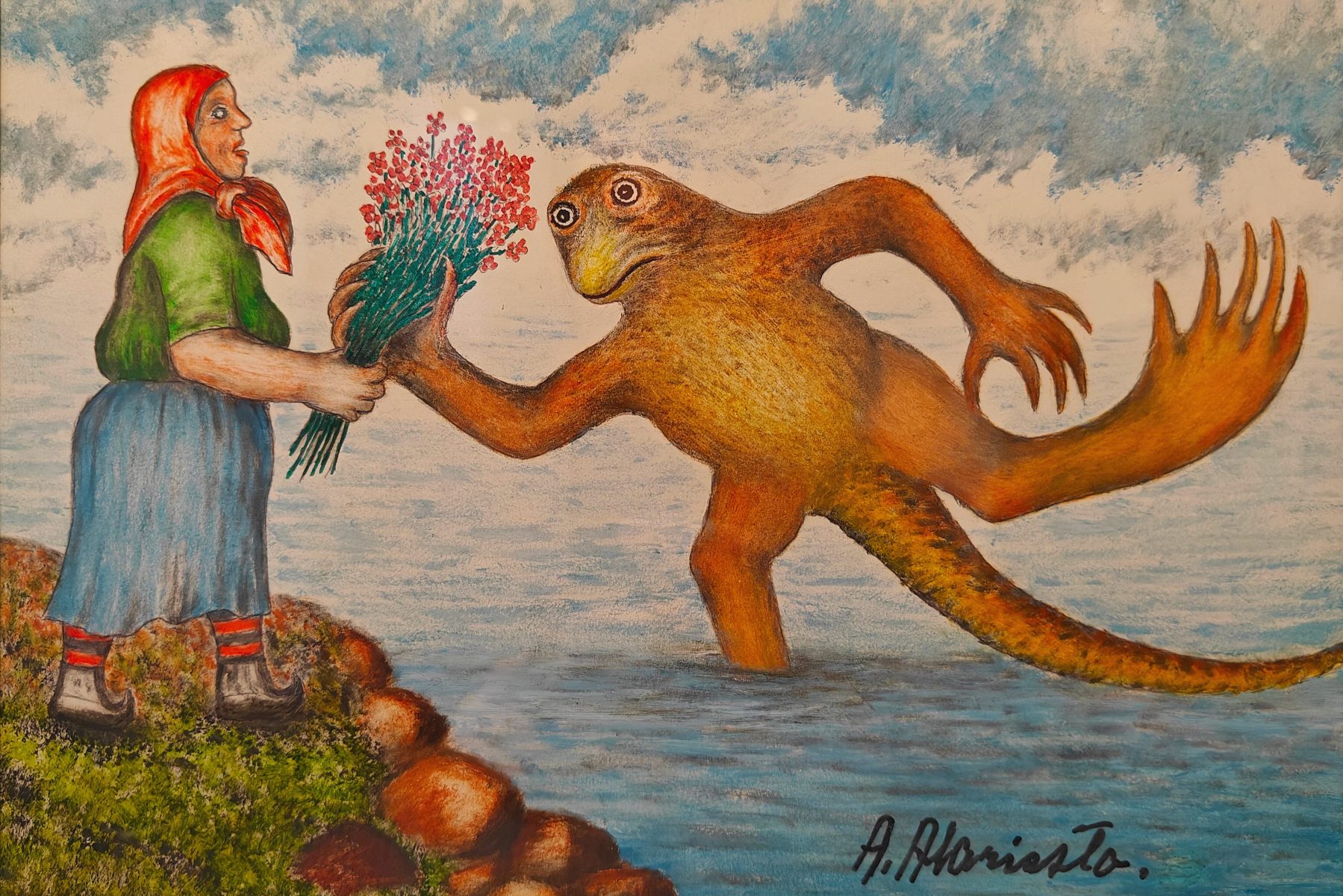 Andreas Alariesto, Embrasse-moi, seconde moitié du XXe siècle, huile et techniques mixtes sur papier, 20 x 29 cm, collection du musée Alariesto, Sodankylä, Finlande